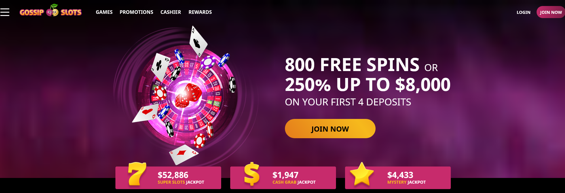 800 free spins or 250% up to $8,000 on your first 4 deposits