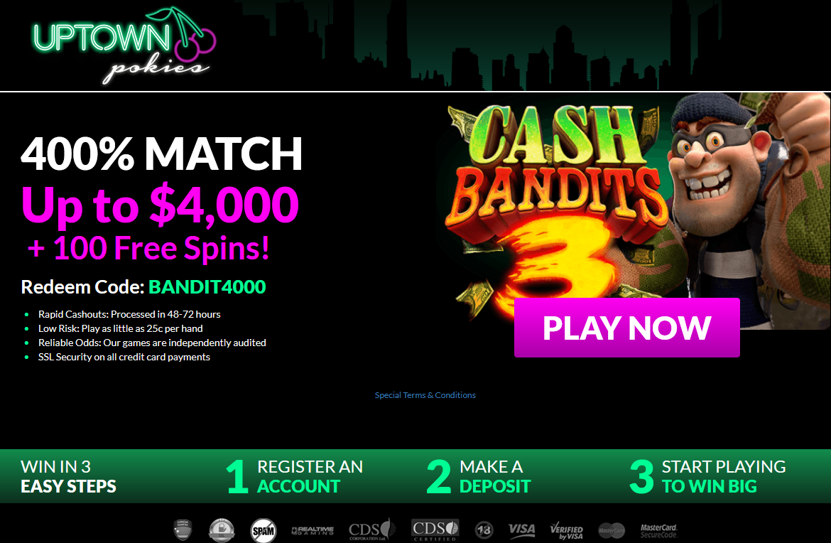 400% Match Up to $4,000
                  + 100 Free Spins!